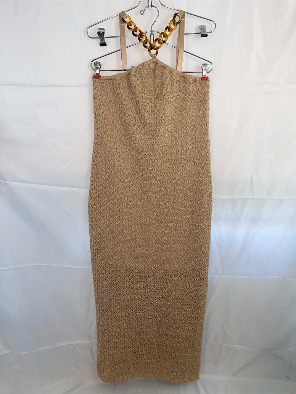 Boston Proper Tortoise Chain Detail Crochet Halter Maxi Dress w/Slit Size XL
